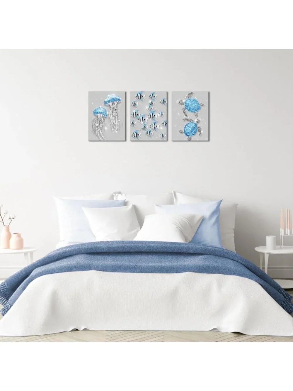 Glitter Coastal Bathroom Wall Art - Ocean Jellyfish & Sea Turtle Decor, Blue